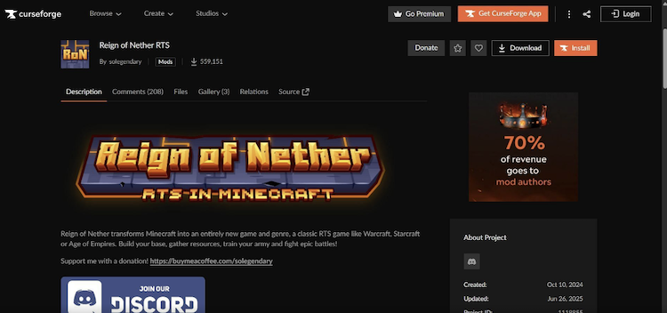 ماد Reign of Nether را می‌توانید از وب‌سایت CurseForge برای بازی ماینکرفت دانلود کنید.